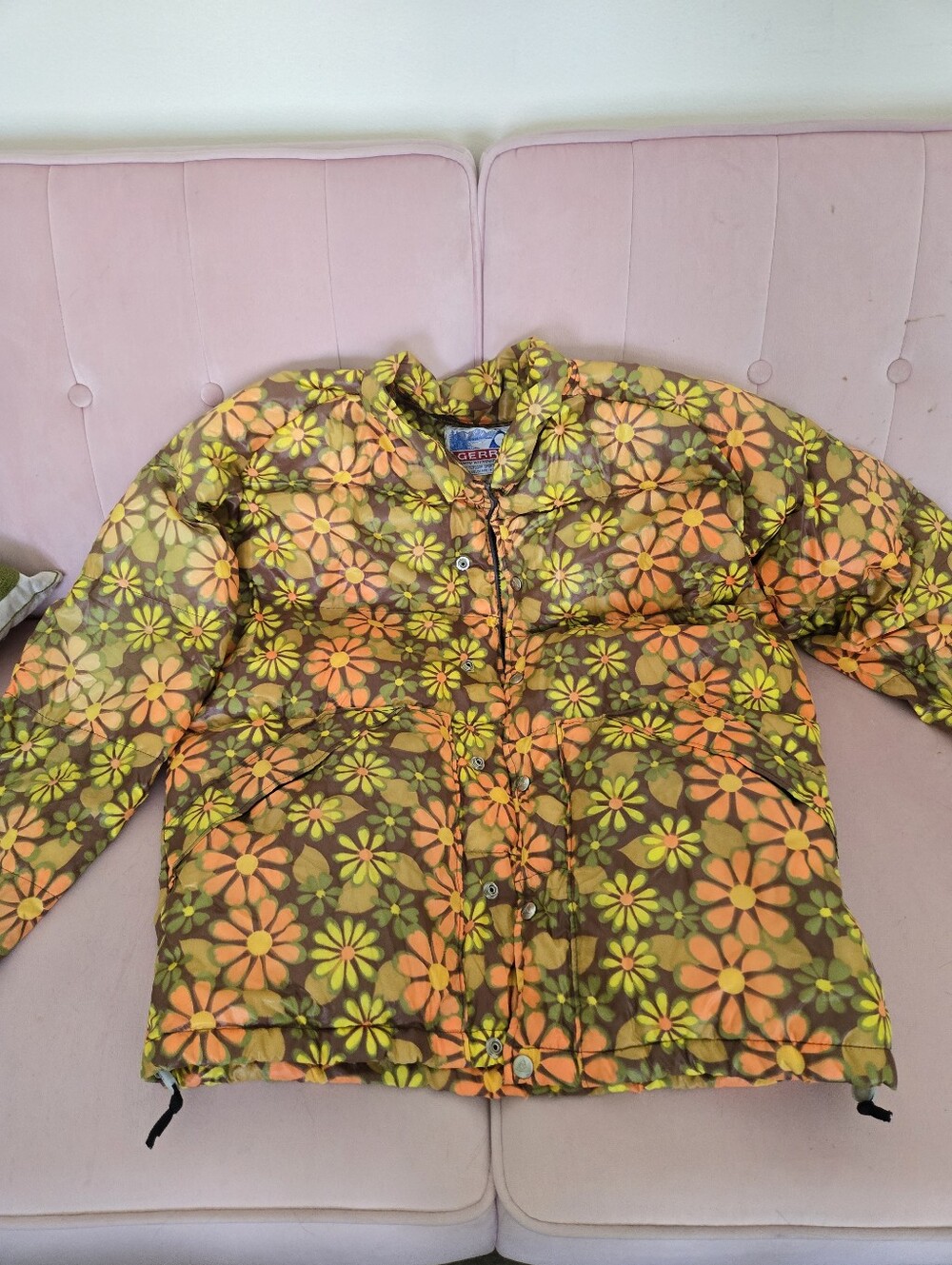 Oversized Women's Floral Puffer Jacket - Orange Green, Brown & Yellow Size Large